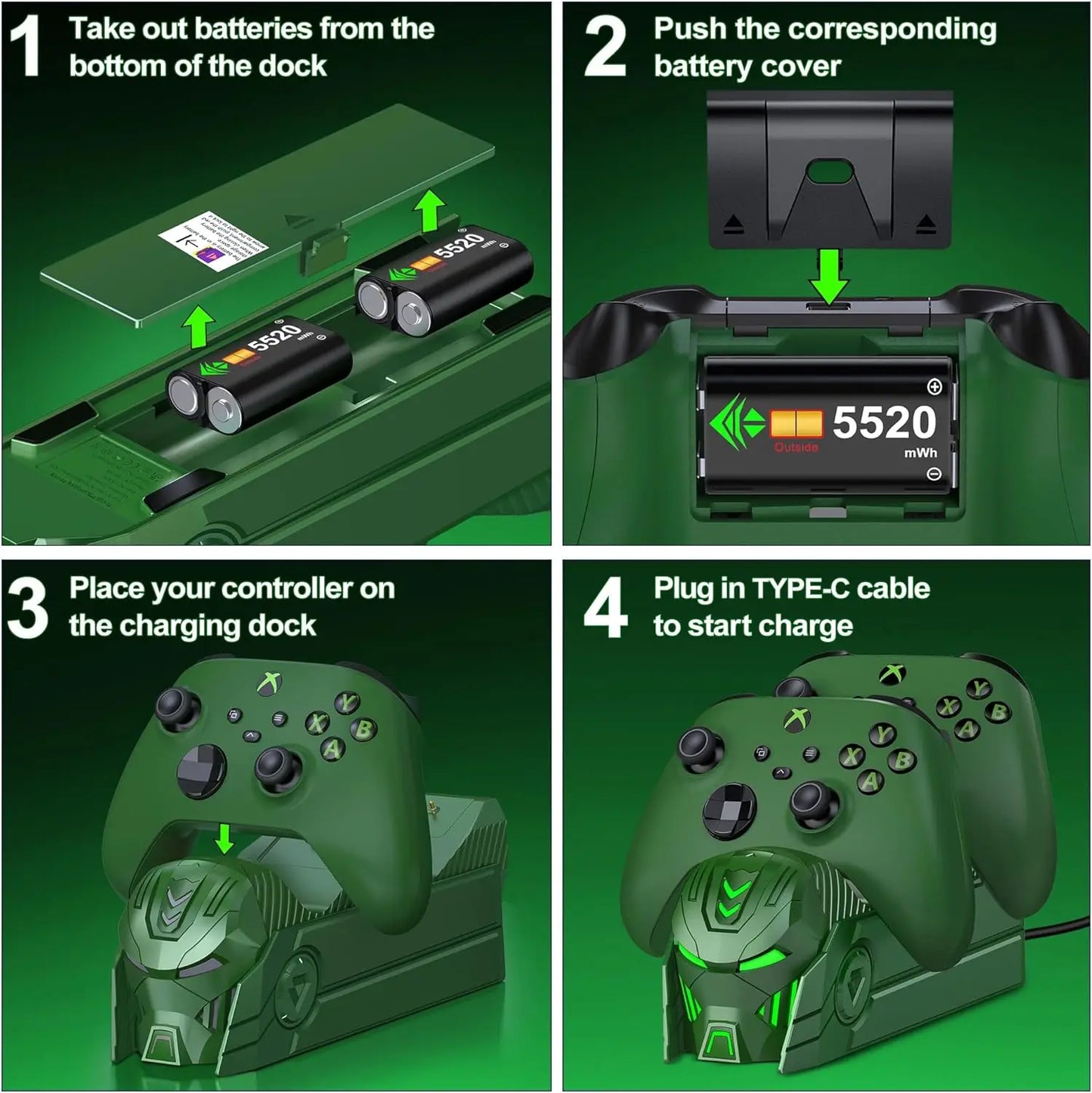 Xbox Charger Station with 2x5520mWh Rechargeable Battery Pack for Xbox One & Series X Controller, Dual Charging Dock