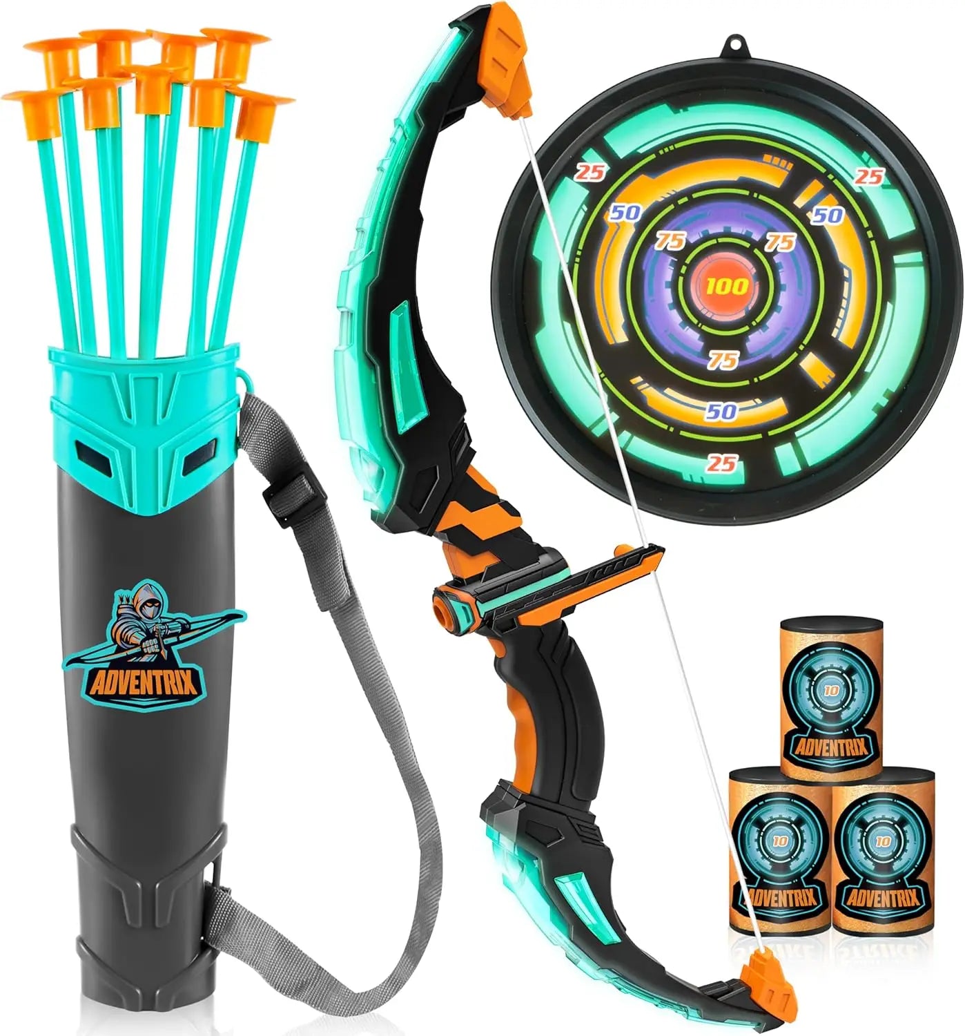 Kids Bow and Arrow Set, LED Light Up Archery Toy With 9 Suction Cup Arrows. Target for Kid Ages 6-12 Outdoor Play Gift