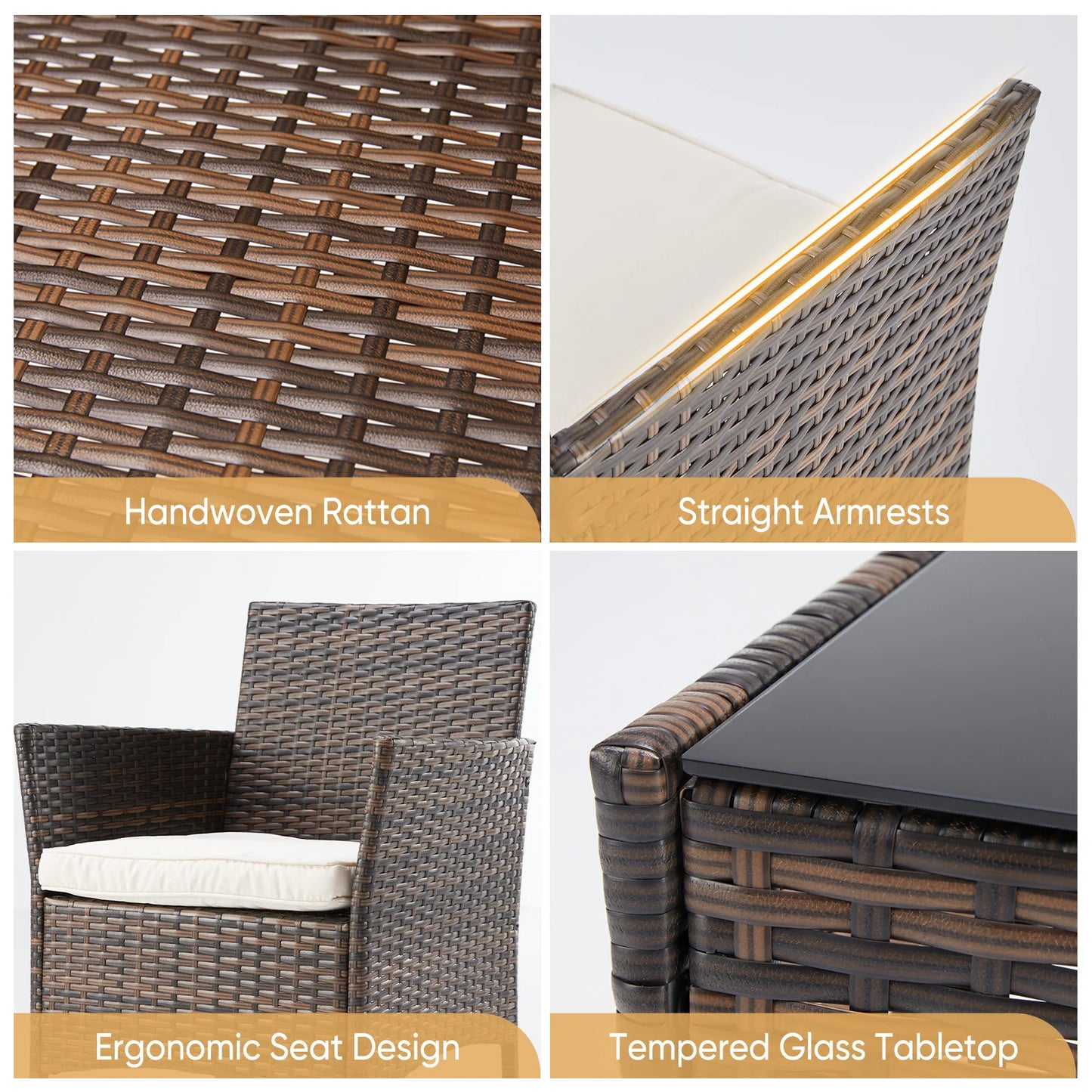 3 Piece Outdoor Patio Furniture Set,  2 Manual Weaving Wicker Rattan Patio Chairs with Soft Cushion and Glass Table