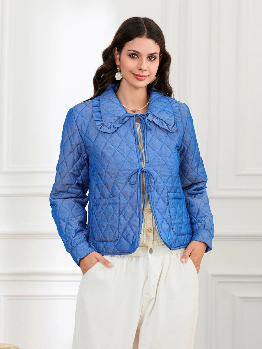 Women Lightweight Cotton Jacket, with pockets and Ruffled Doll Collar Lacing