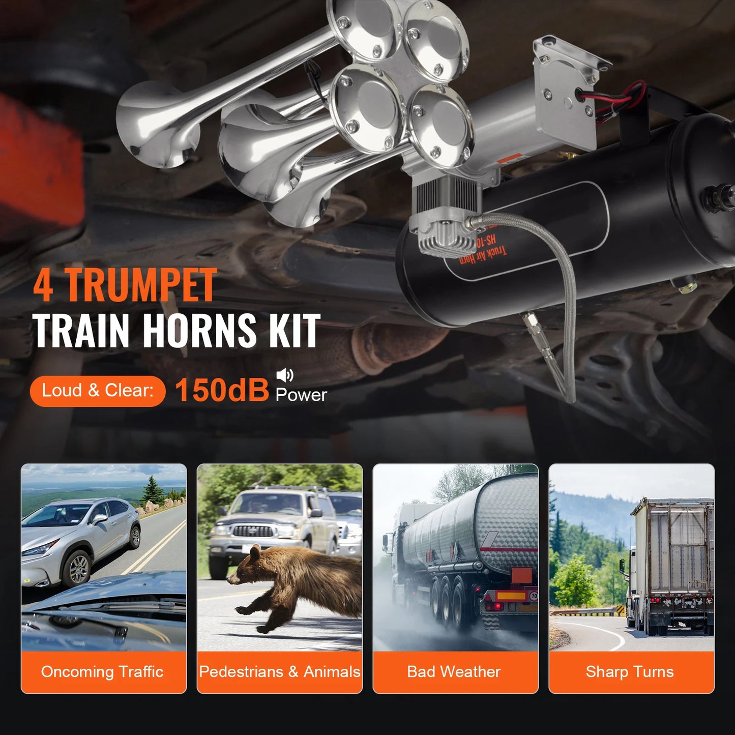 Train Horns Kit, 4 Trumpet Air Horn Kit, 150dB Train Horns 12V 120 psi Air Compressor for Car Truck Train Van Boat Pickup