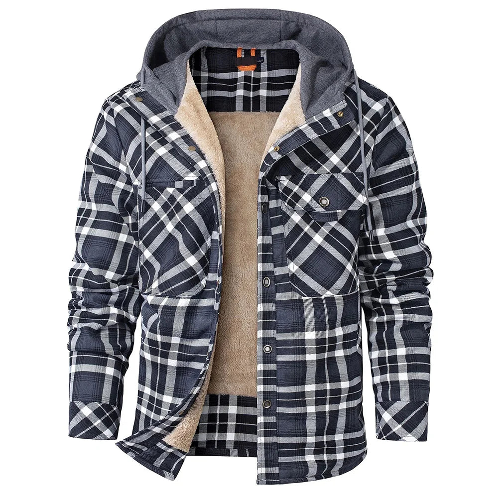 Men's Jackets Winter Hooded Warm Plaid Work Flannel Snap Sherpa Lined