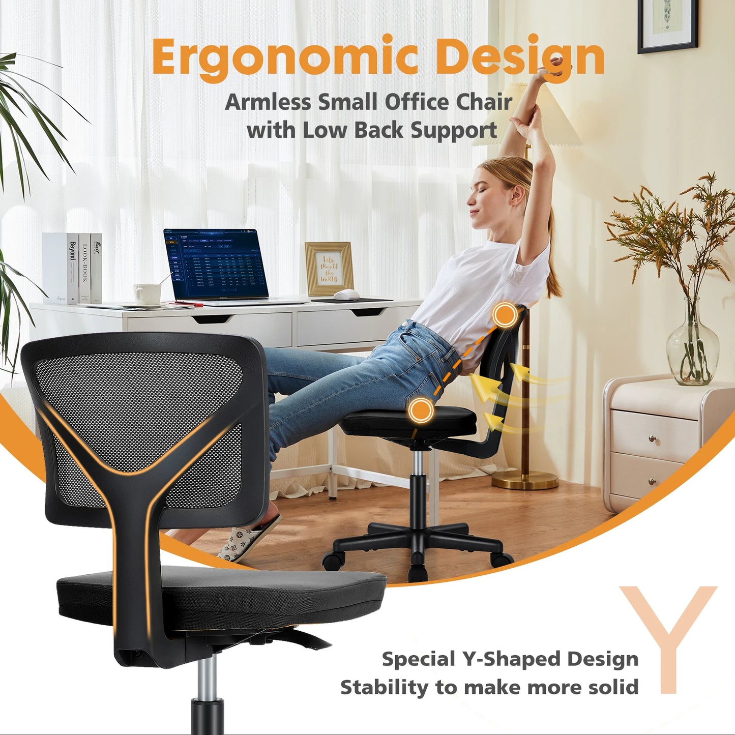 Office Chair, Mesh with Lumbar Support. Low Back with Wheels, Adjustable Height 360° Rolling Swivel Computer Chair