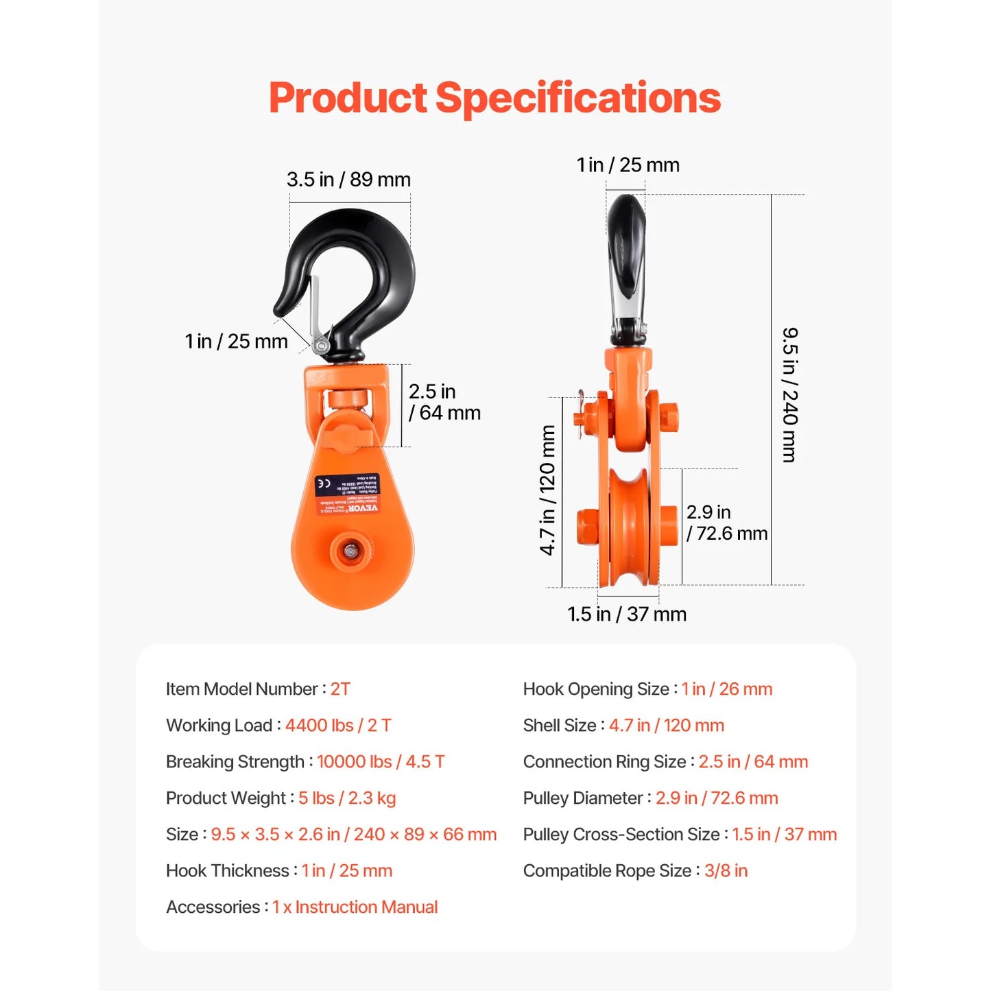 2T Snatch Block Pulley with Swivel Hook, for Lifting or Offroad Recovery for Towing Operation