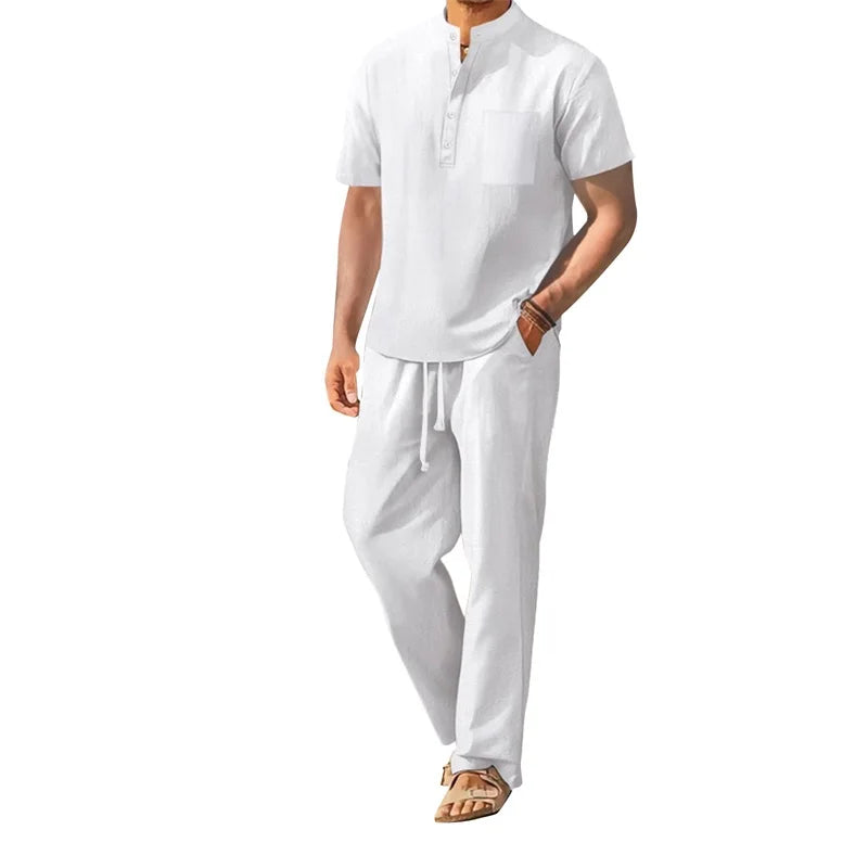 Men s Casual 2 Piece Outfit Short Sleeve Henley Tops with Drawstring Pants, Solid Color