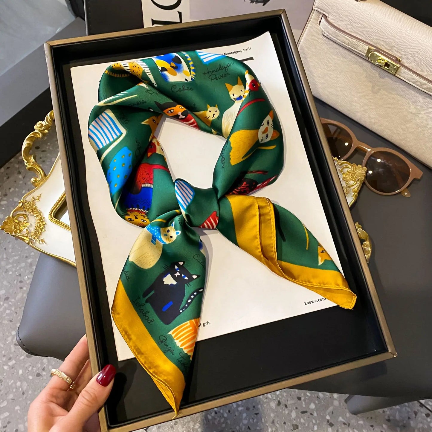 Women's Soft Satin Hair Scarves, Fashion Square Printed, 27" x 27" Designer Scarf Headband. 20 Colors