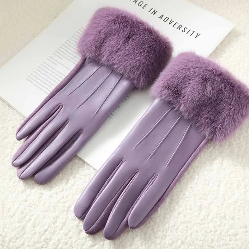 Winter Luxury Women's  Leather Gloves, Wrist Length Soft Faux Fur Trim Cuff