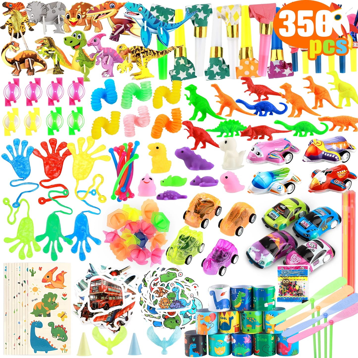 350Pcs Kids Party Favor Set, Kids Birthday Toys with Snap Bracelets, Toy Cars, Dinosaur Stickers ,Carnival Prize ,Fun Gifts
