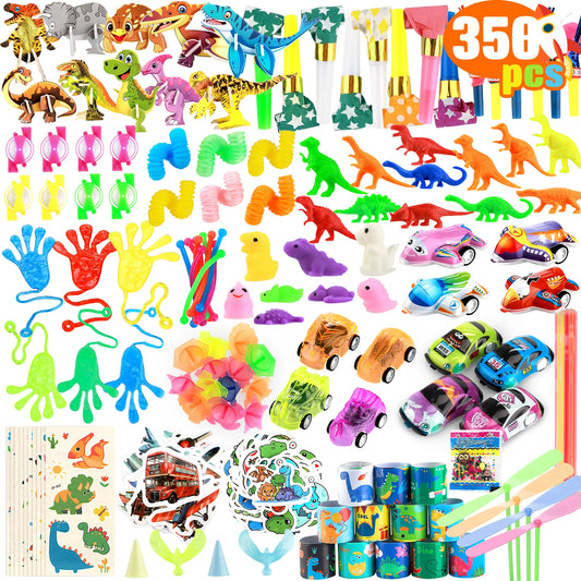 350Pcs Kids Party Favor Set, Kids Birthday Toys with Snap Bracelets, Toy Cars, Dinosaur Stickers ,Carnival Prize ,Fun Gifts