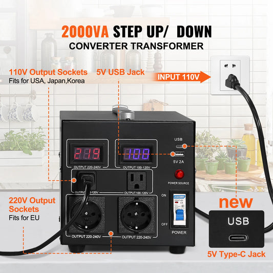 Voltage Converter Transformer 2000VA/3000VA/5000VA Heavy Duty Step Up/Down Transformer with US&EU Outlet 5V USB Port