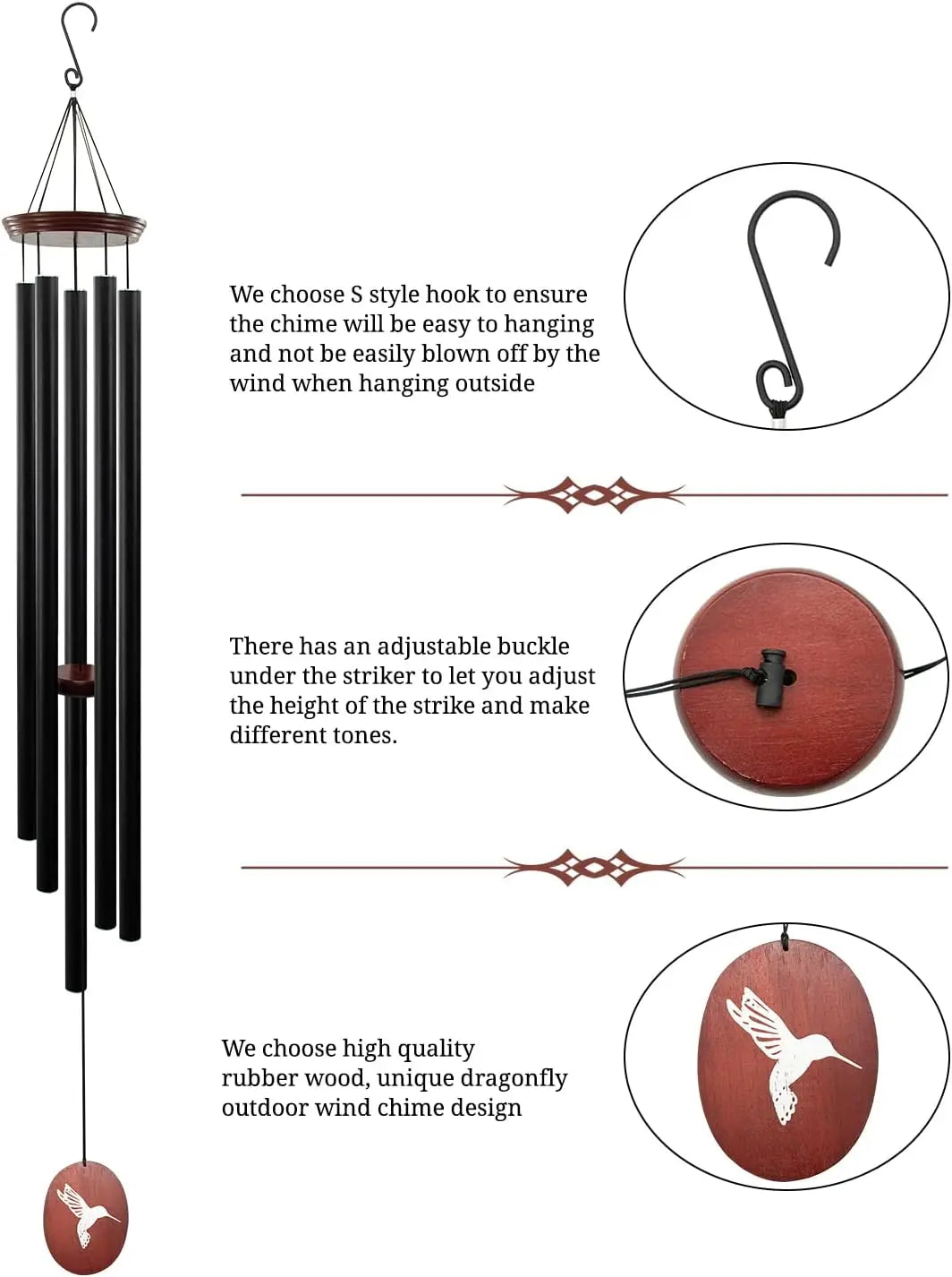 60" Outdoor, Wind Chimes, Large Wind Chimes, Deep Tone with 5 Tuned Tubes and S Hook