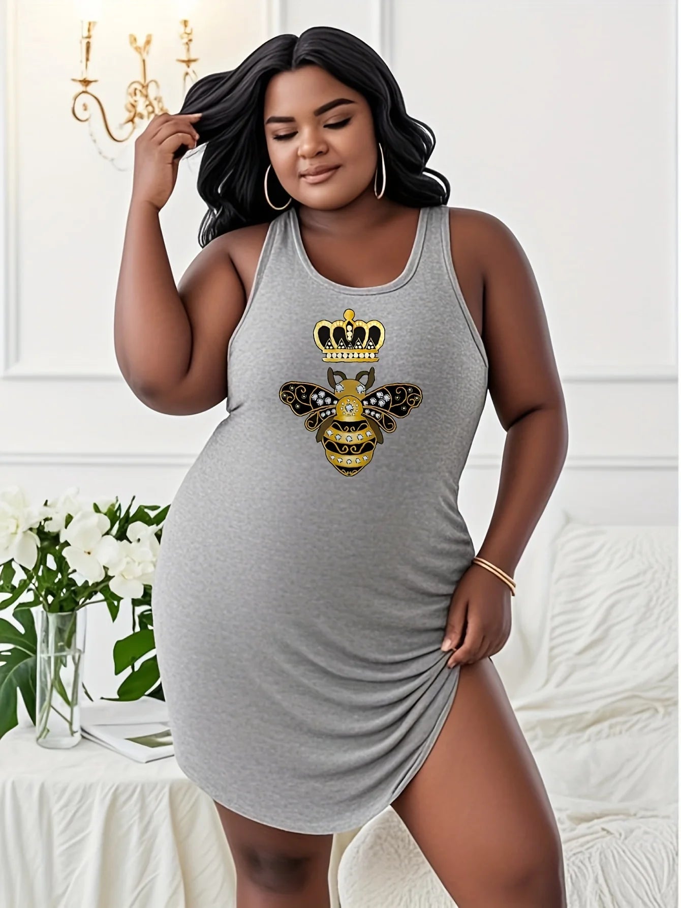 Women's  plus size T shirt dress, Bee With Crown And Diamonds