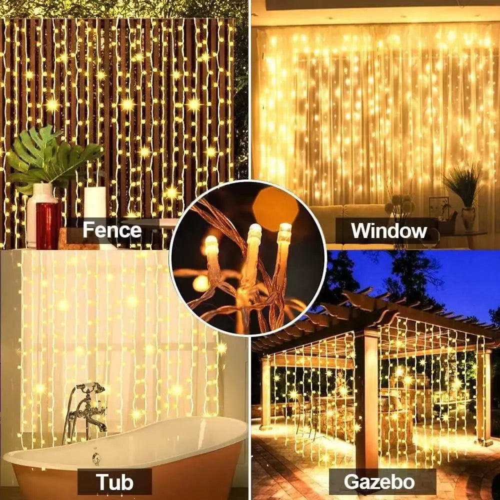 Solar Curtain Light Outdoor 300 LED 8 Modes Waterfall Fairy String Lights
