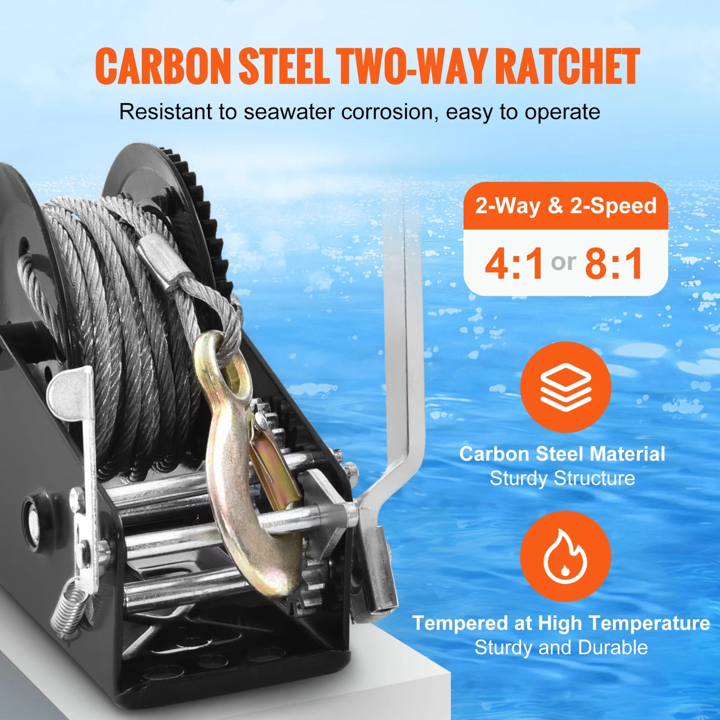 Boat Trailer Hand Winch, Heavy Duty Crank with 33 ft Steel Wire Cable and Two-Way Ratchet for Trailer Boat