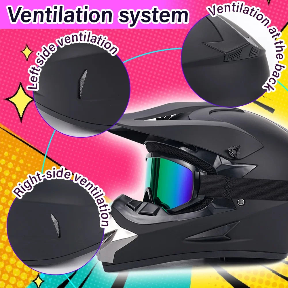 Off-road Full Face Helmet For Adult Dirt Bike, Goggles, Gloves And Face Mask Matte Black DOT