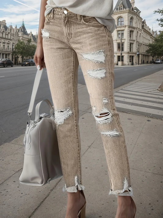 Women's  mid waist ripped jeans, solid color pocket slim fit, medium elasticity, zipper closure,