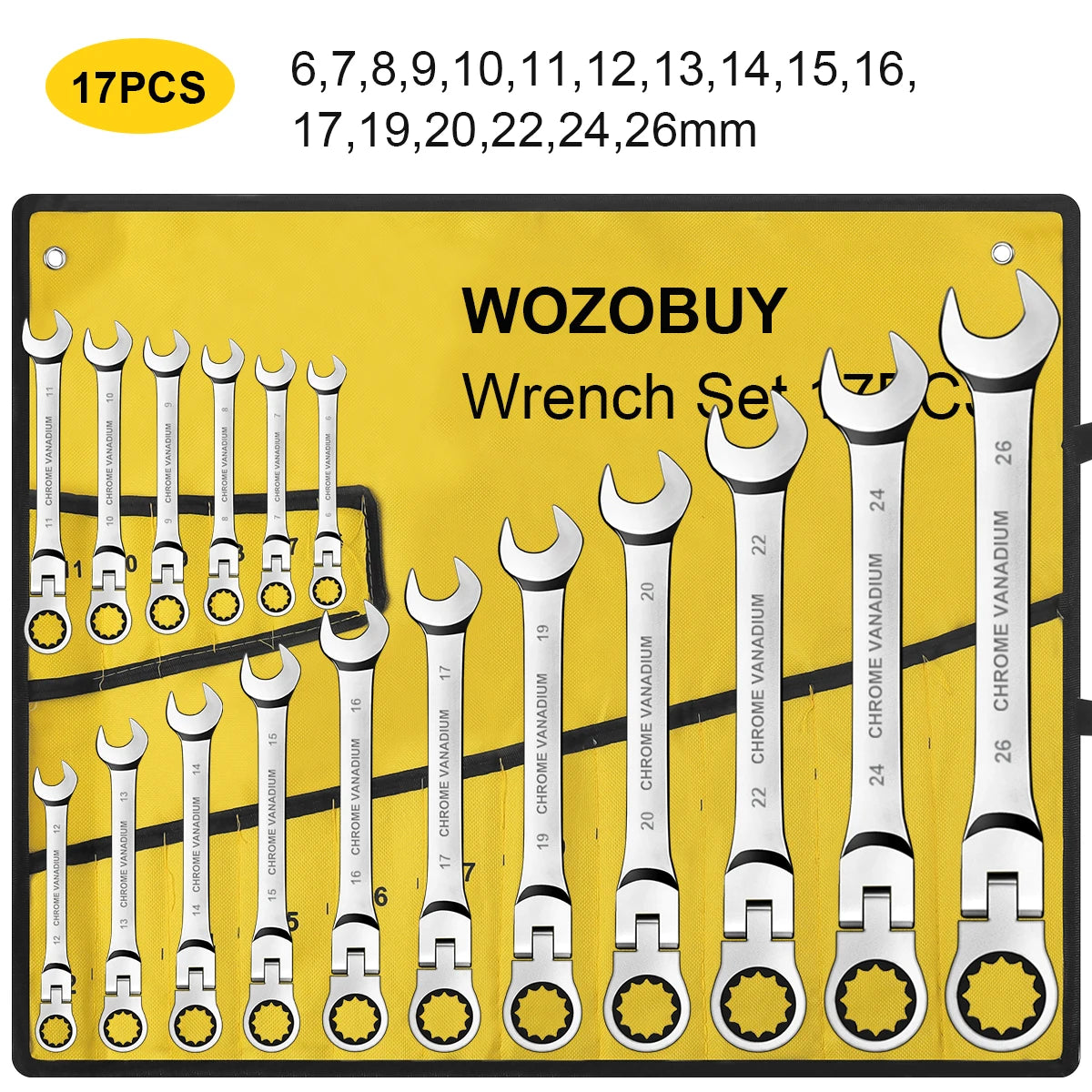 12/14/16/17pcs Flex-Head Ratchet Wrench Set, 6-26mm, 72 Teeth, Cr-V Constructed Combination End
