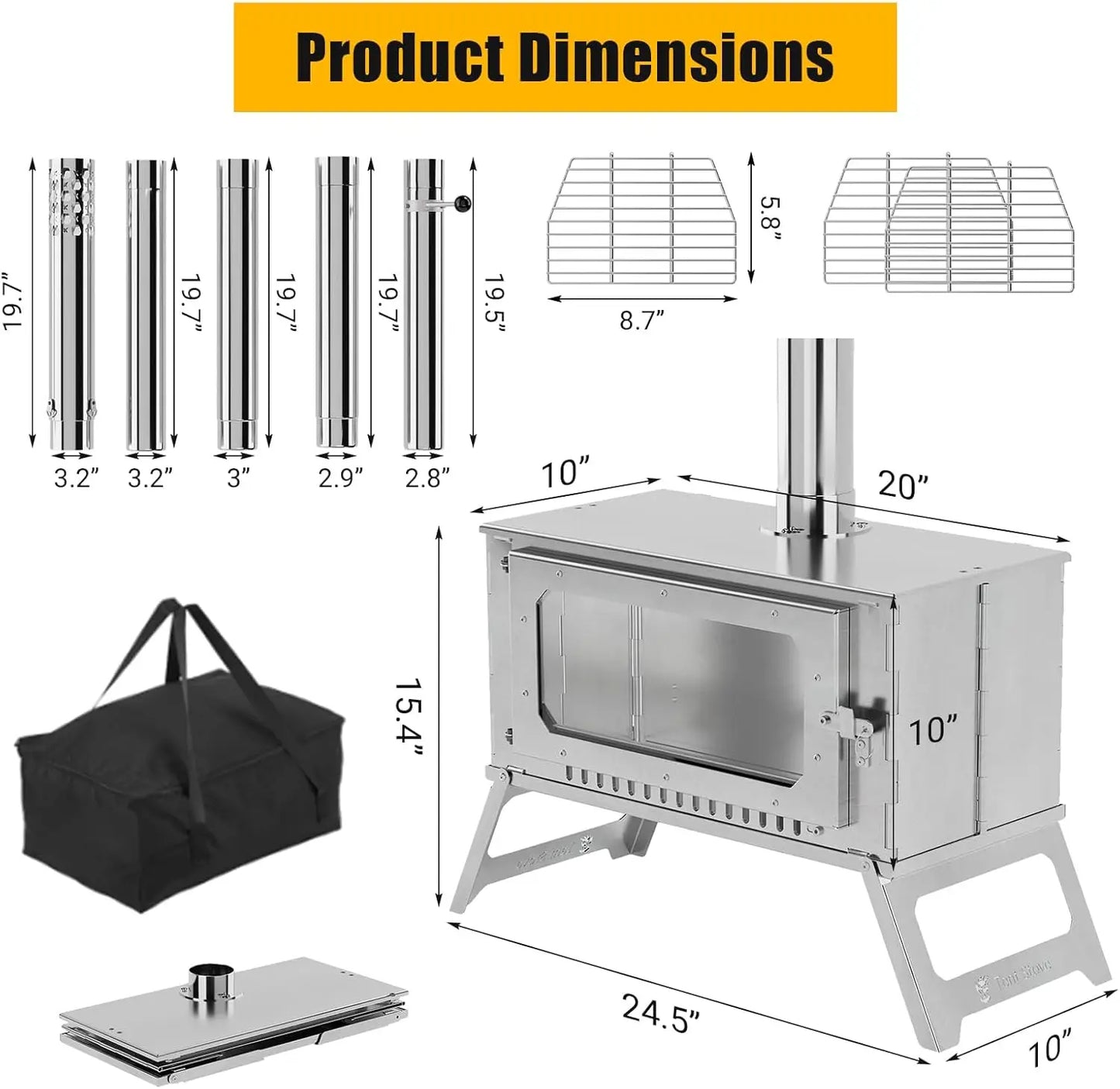 Hot Stove, Wood Burning Stove, Portable Stainless Wood Stove with Cooking Grill for Outdoor Camping Cooking and Heating