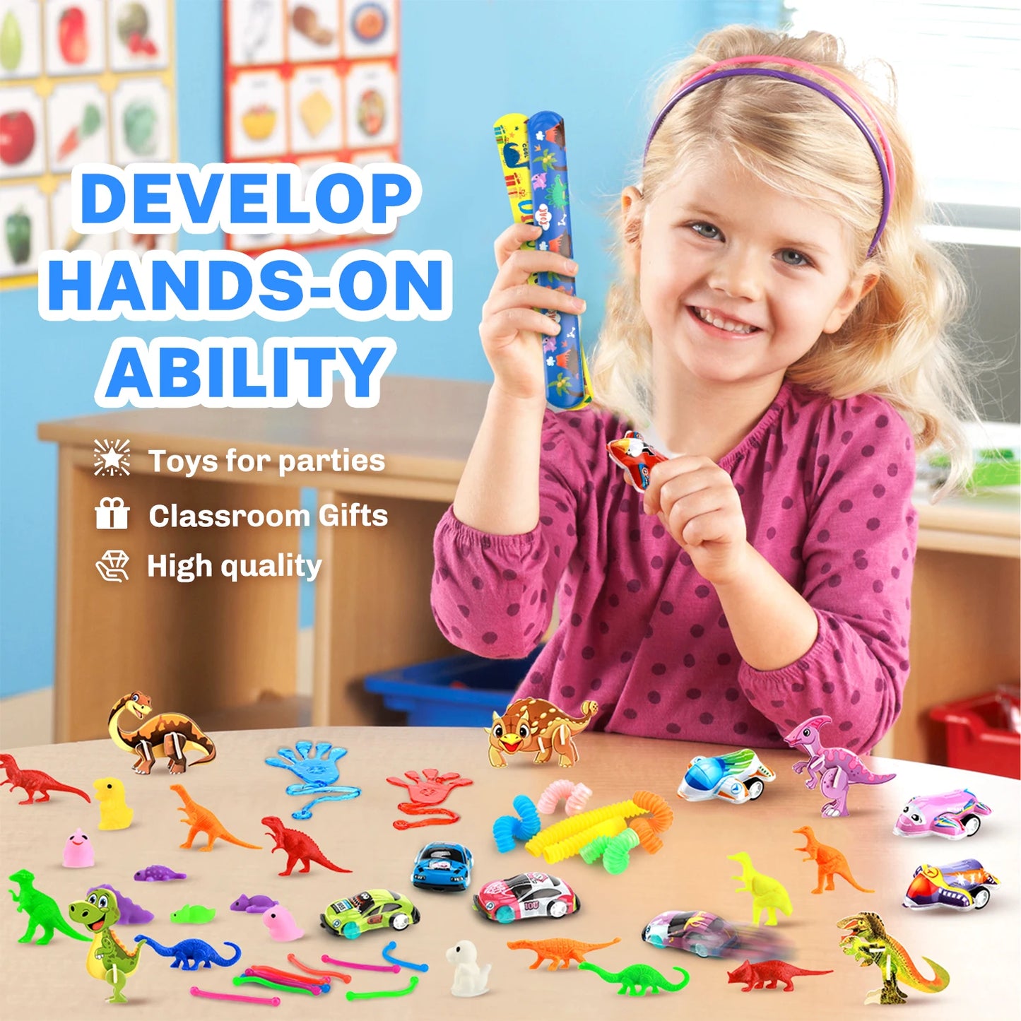 350Pcs Kids Party Favor Set, Kids Birthday Toys with Snap Bracelets, Toy Cars, Dinosaur Stickers ,Carnival Prize ,Fun Gifts