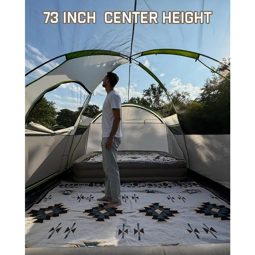 8 Person Larger Extended Dome Camping Tent with 3 Rooms, Waterproof Semi-Freestanding Family Outdoor Tent with Spacious Interior