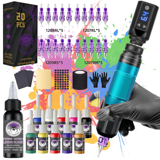 High Quality Tattoo Kit 20Pcs Tattoo Needles, Tattoo Pen,  Tattoo Power Supply Machine Kit