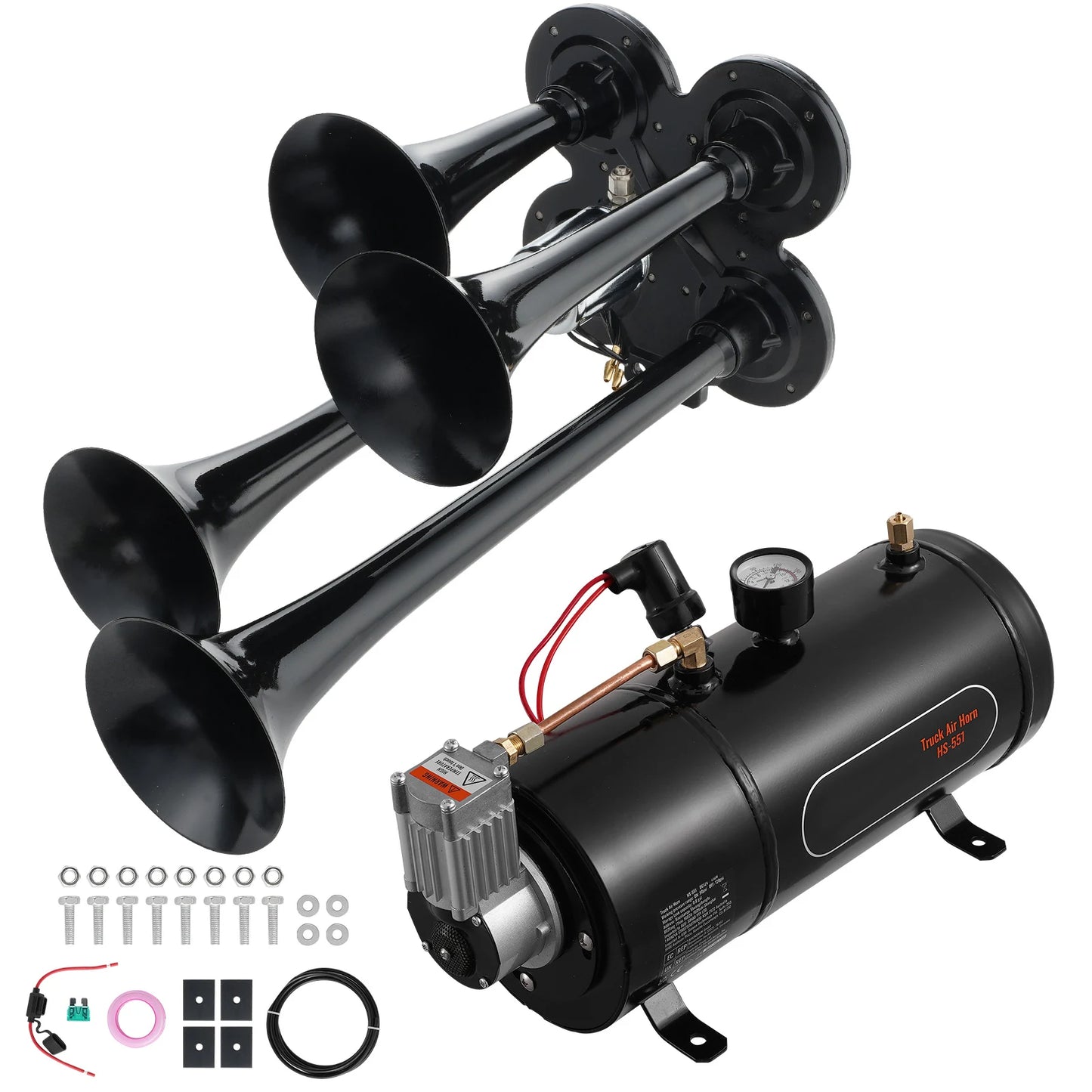 Train Horns Kit, 4 Trumpet Air Horn Kit, 150dB Train Horns 12V 120 psi Air Compressor for Car Truck Train Van Boat Pickup