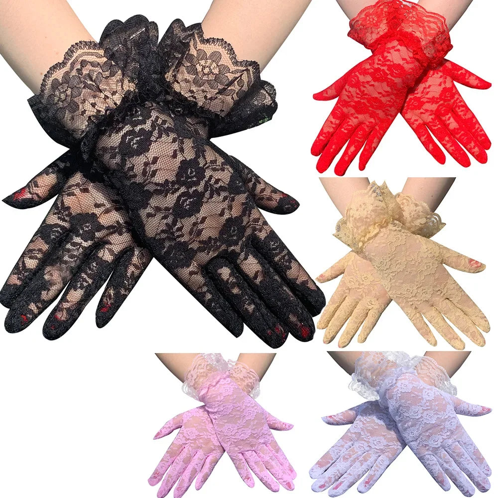 Women Sexy Lace Short Tulle Gloves, Elegant Lady Lotus Leaf Sheers, Bridal lace gloves