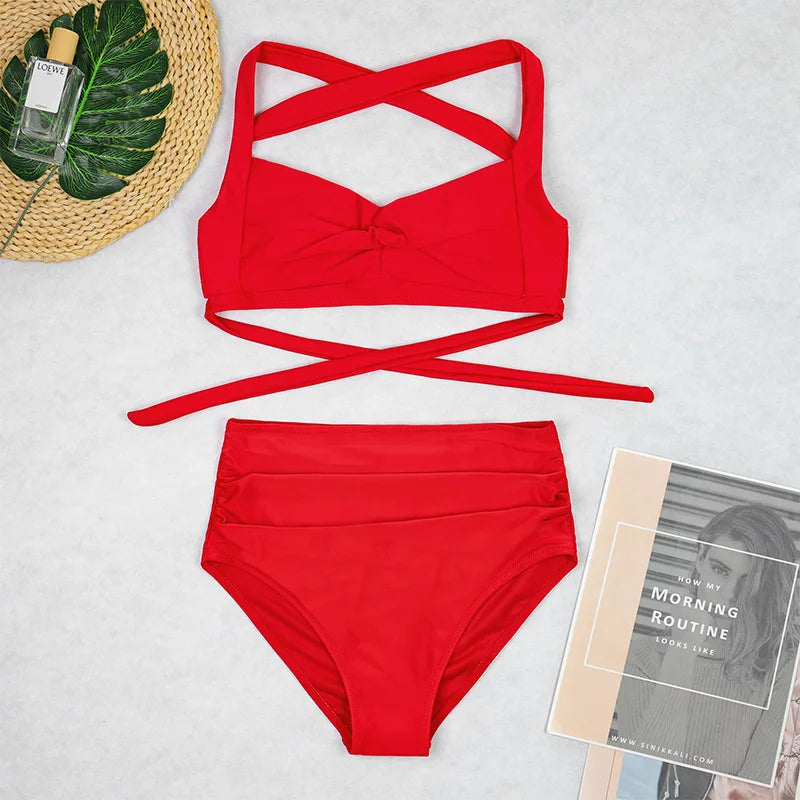 Two Pieces High Waist Bikini Sets Halter Solid Retro Ruched Printed Swimsuit