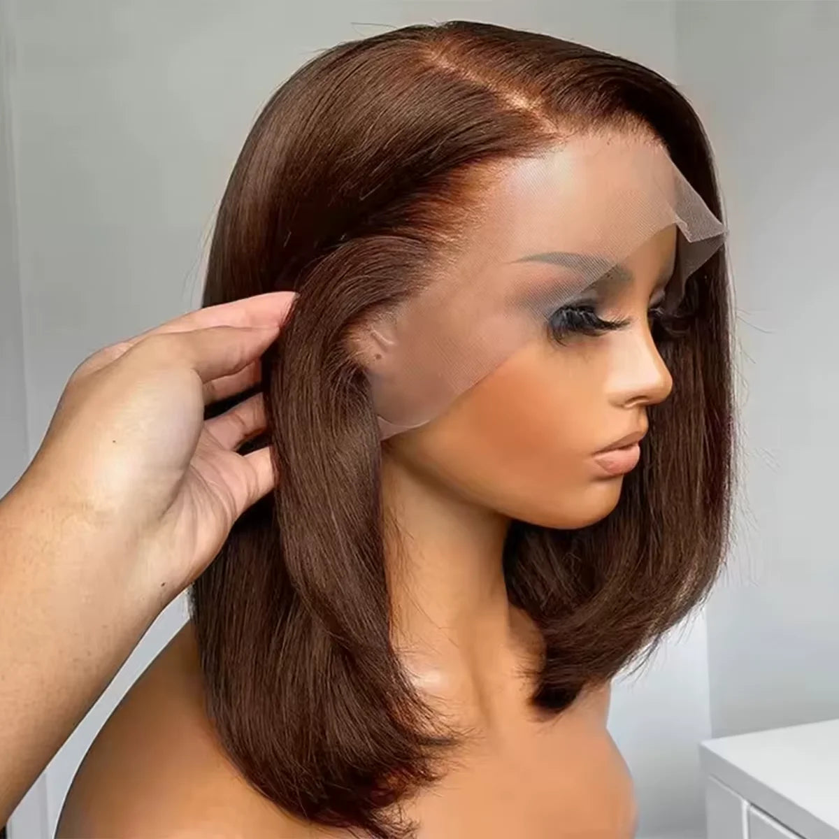 220 Density Full Frontal 13x4 HD Transparent Lace Wig, #4 Chocolate Brown, Straight Short Human Hair