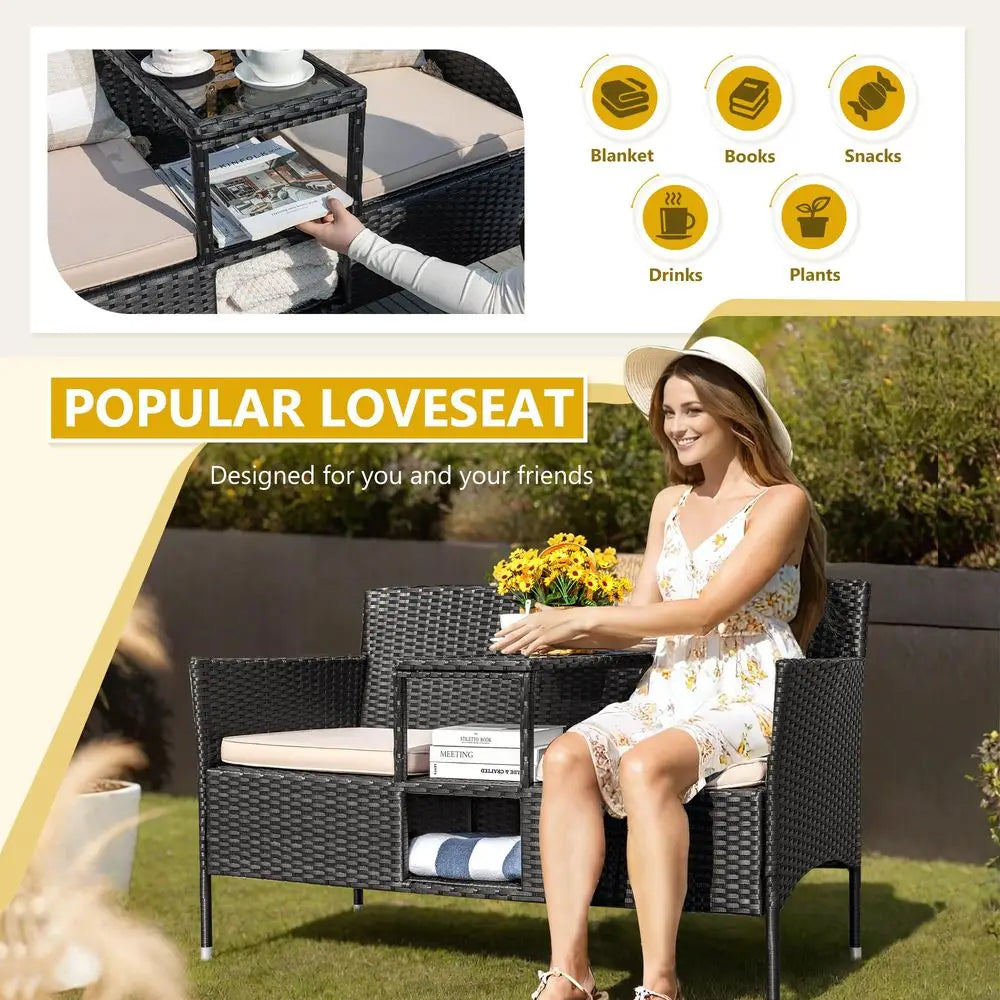 Outdoor Patio Loveseat, Modern Rattan 2Seat Patio Set with Cushions, Coffee Table