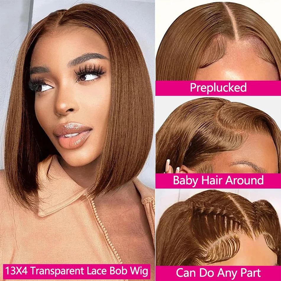220 Density Full Frontal 13x4 HD Transparent Lace Wig, #4 Chocolate Brown, Straight Short Human Hair