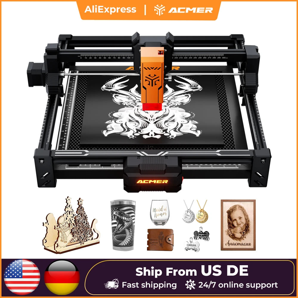 12W 7W 4W Laser Engraver and Cutting Machine Tool, CNC Working Area 300*300mm for Engravable Plywood Acrylic Leather