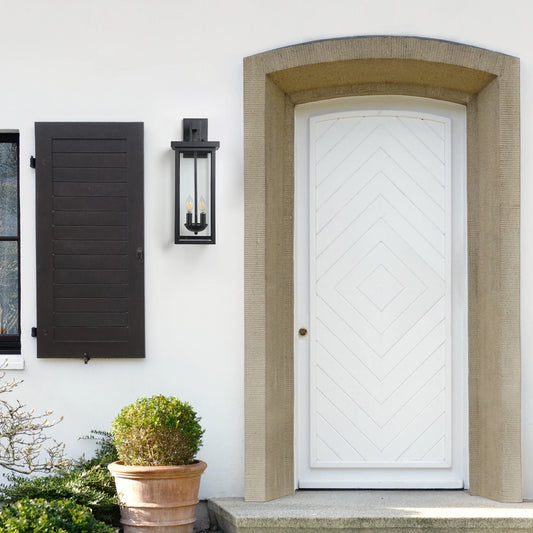 22"(H) Outdoor Wall Lantern with Dusk to Dawn Sensor. Matte Black Finish Clear Glass Panels, Weatherproof Exterior Light