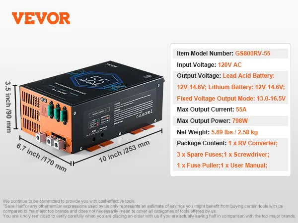 RV Converter 45/55/80Amp 110V AC to 12VDC Battery Charger 4Stage Smart Charging 13V to 16.5V Adjustable Operating Range