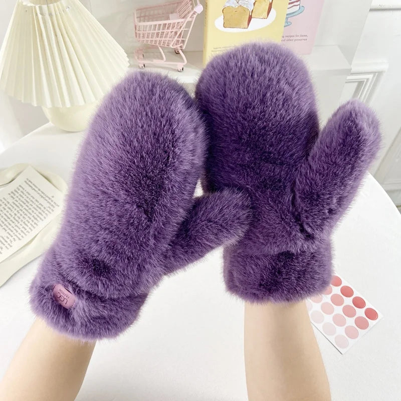 Imitation Rabbit Fur Mittens, Winter Gloves. Windproof Plush Thick, Warm Cashmere Soft Mittens