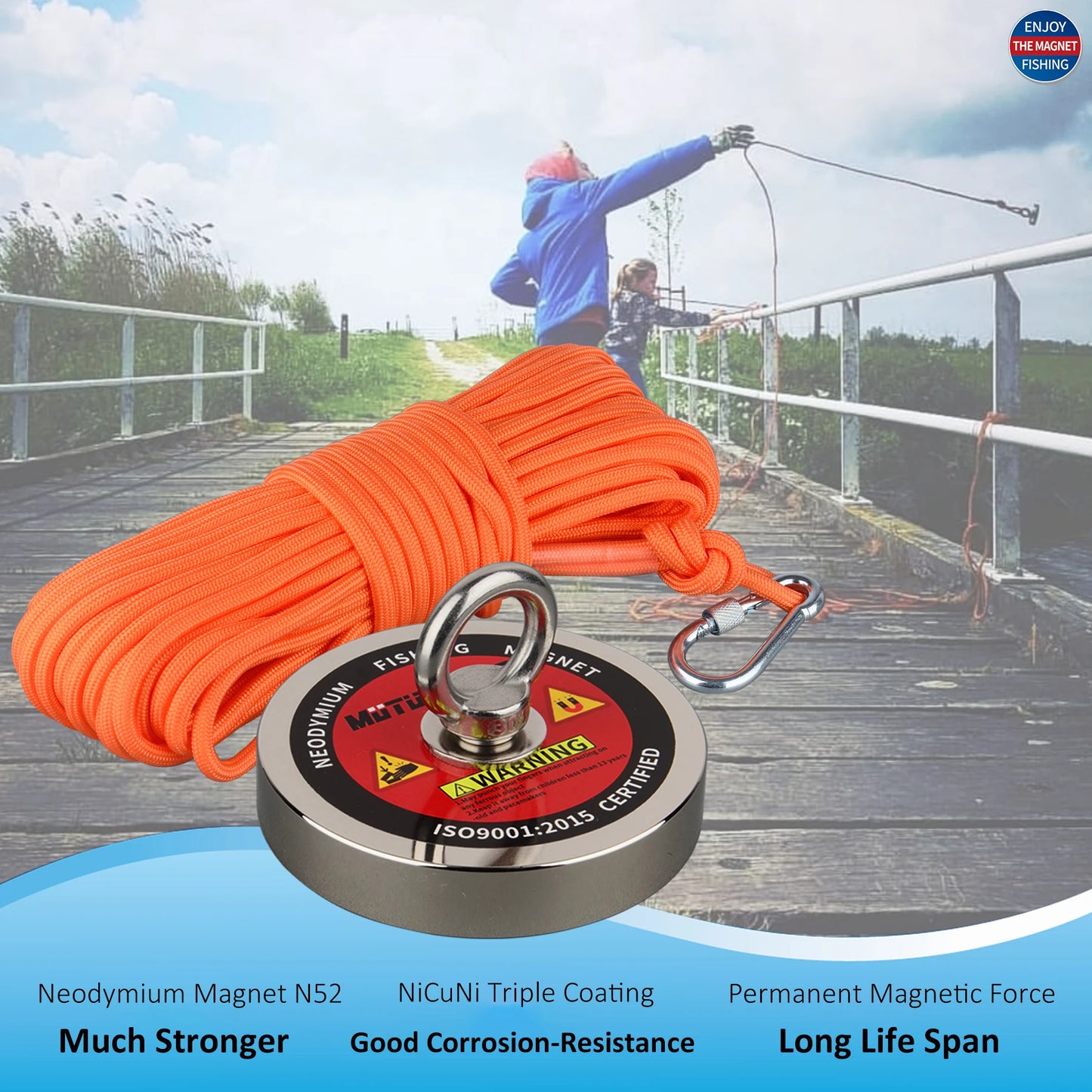 Strong Neodymium Magnet 1,000 lb lift for Recovery, Treasure Hunt, fishing. Permanent Magnetic Material Base with Gloves Rope Bag Safety Box
