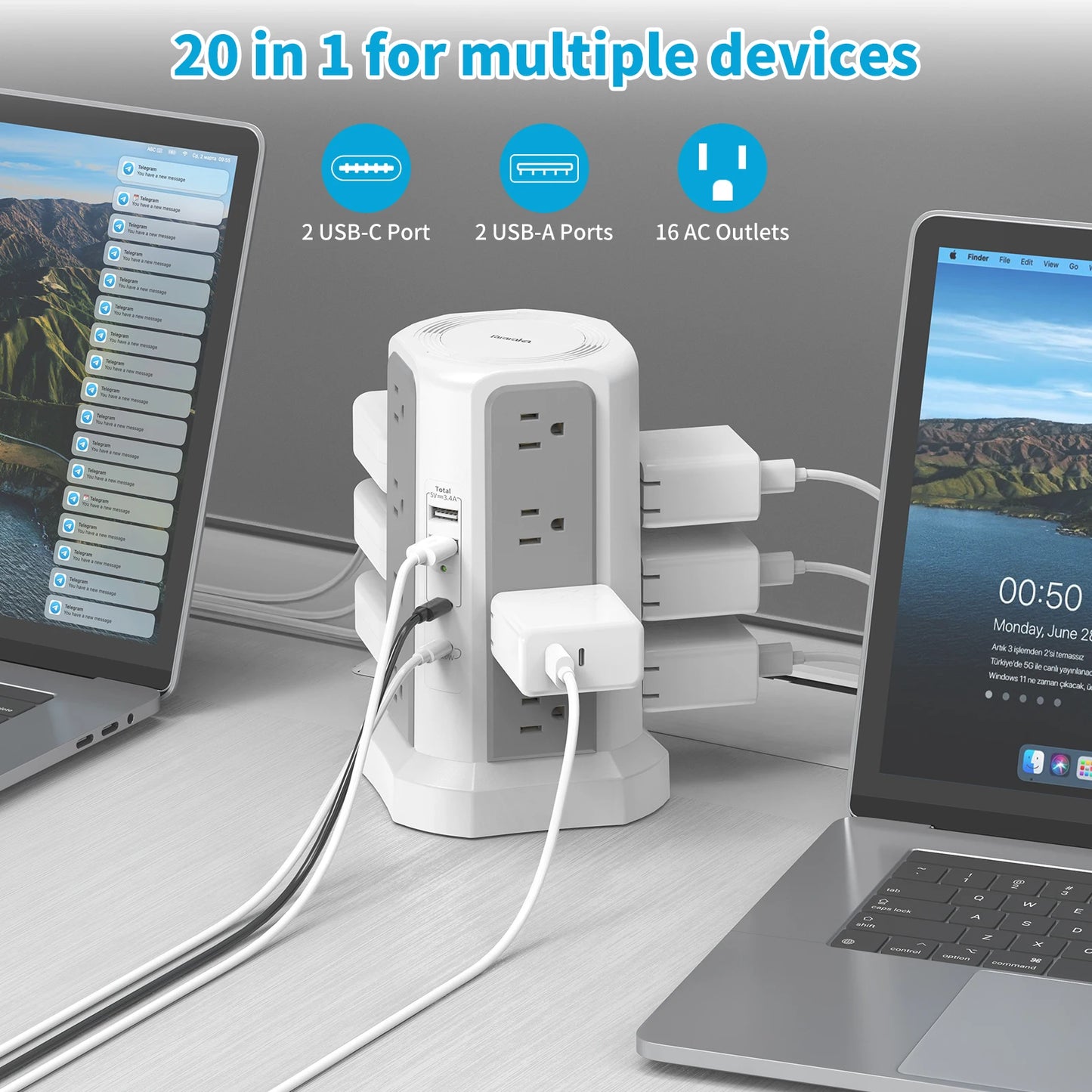 US 4-layer 3m extension tower plug-in board with PD fast charging, suitable for office, home,