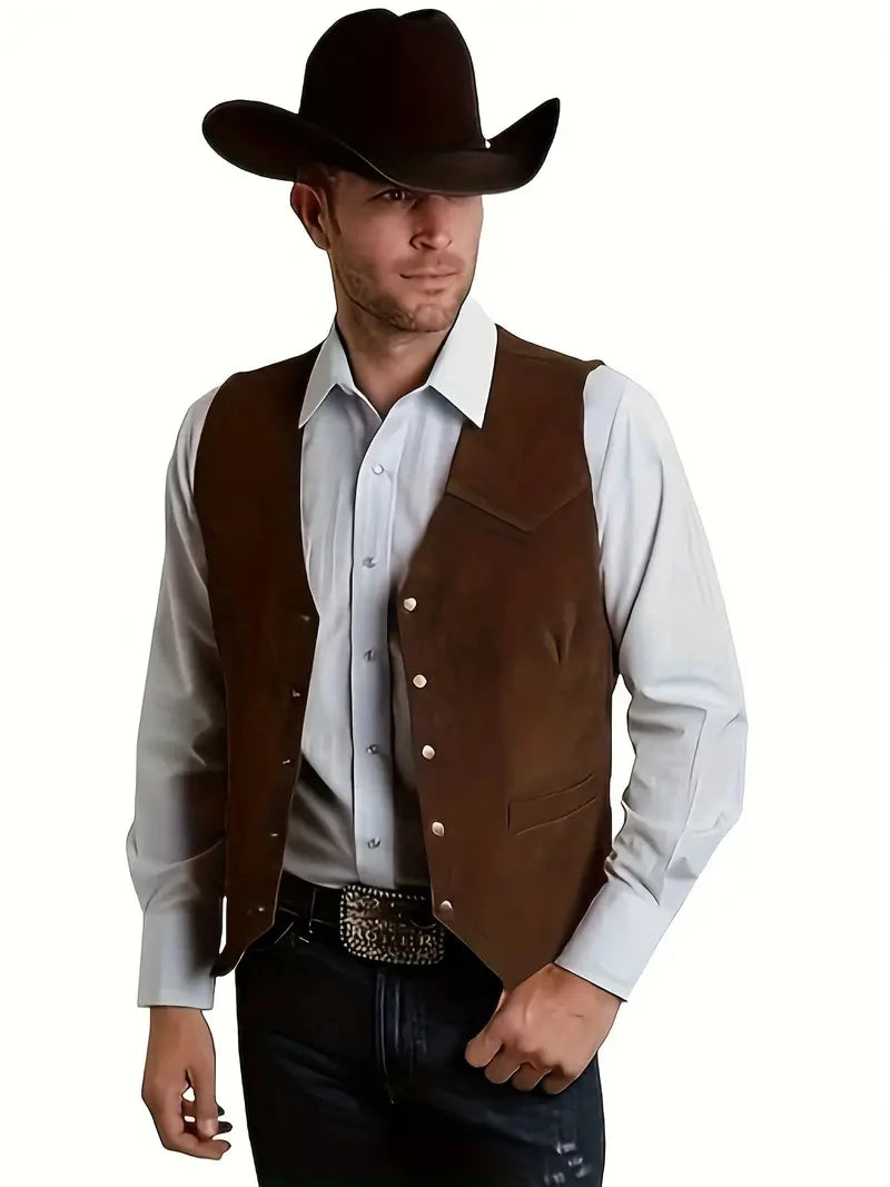 Vintage Suede Leather Men's Vest Slim Fit Sleeveless Jacket V-Neck Regular Fit