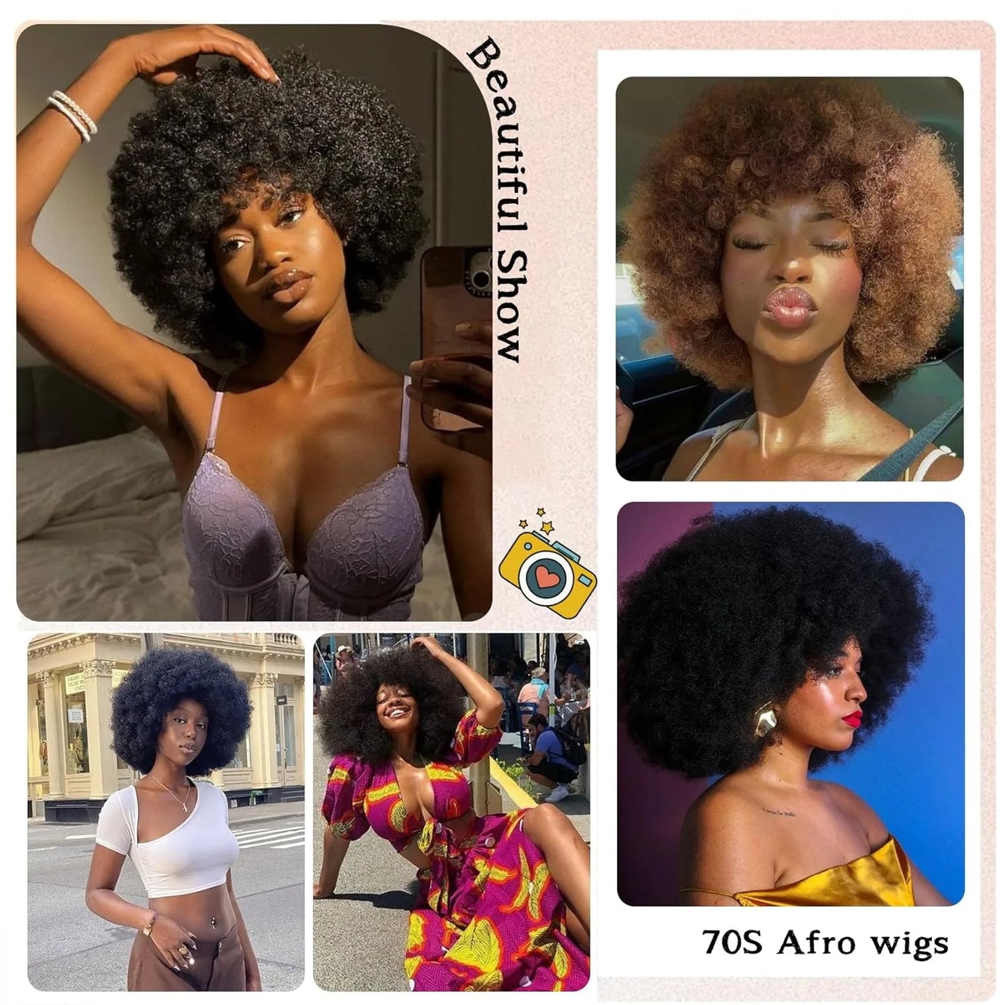 Glue less Afro Kinky Curly Wig, Human Hair, Short Fluffy Curly Wig, Pixie Cut Afro