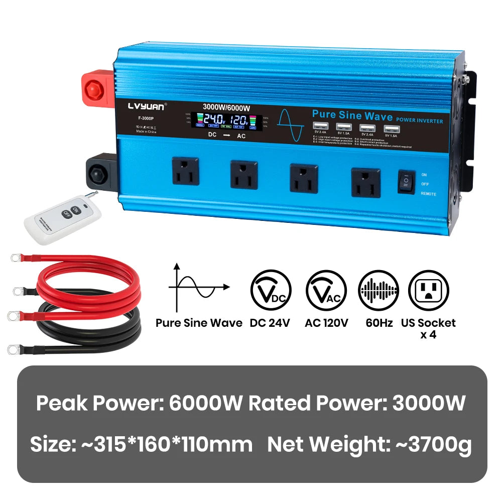 4000W Pure Sine Wave Inverter DC 12v/24v To AC 110v 60HZ Voltage Converter Car Solar Power Inverter