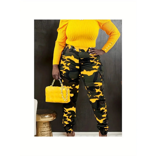 Women's Camouflage Print slacks, Button Zipper, High Waist