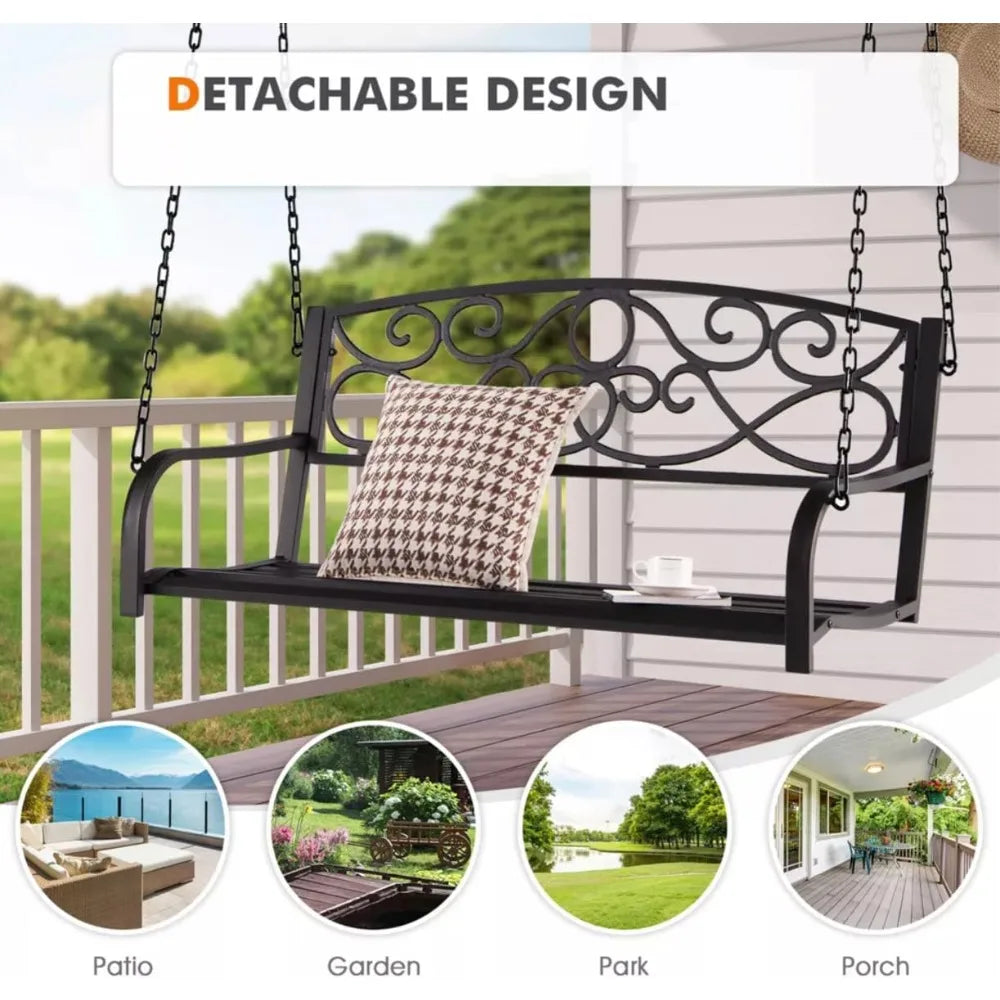 Outdoor Hanging Slat Metal Patio Porch Swing, Bronze Color Antique Style Overall Dimensions: 52"(L) x 21"(W) x 19"(H) Seat: