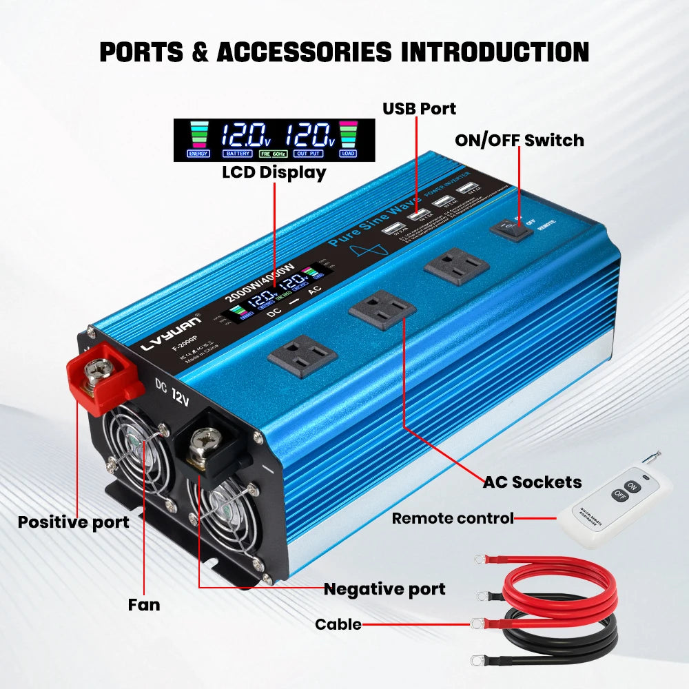 4000W Pure Sine Wave Inverter DC 12v/24v To AC 110v 60HZ Voltage Converter Car Solar Power Inverter