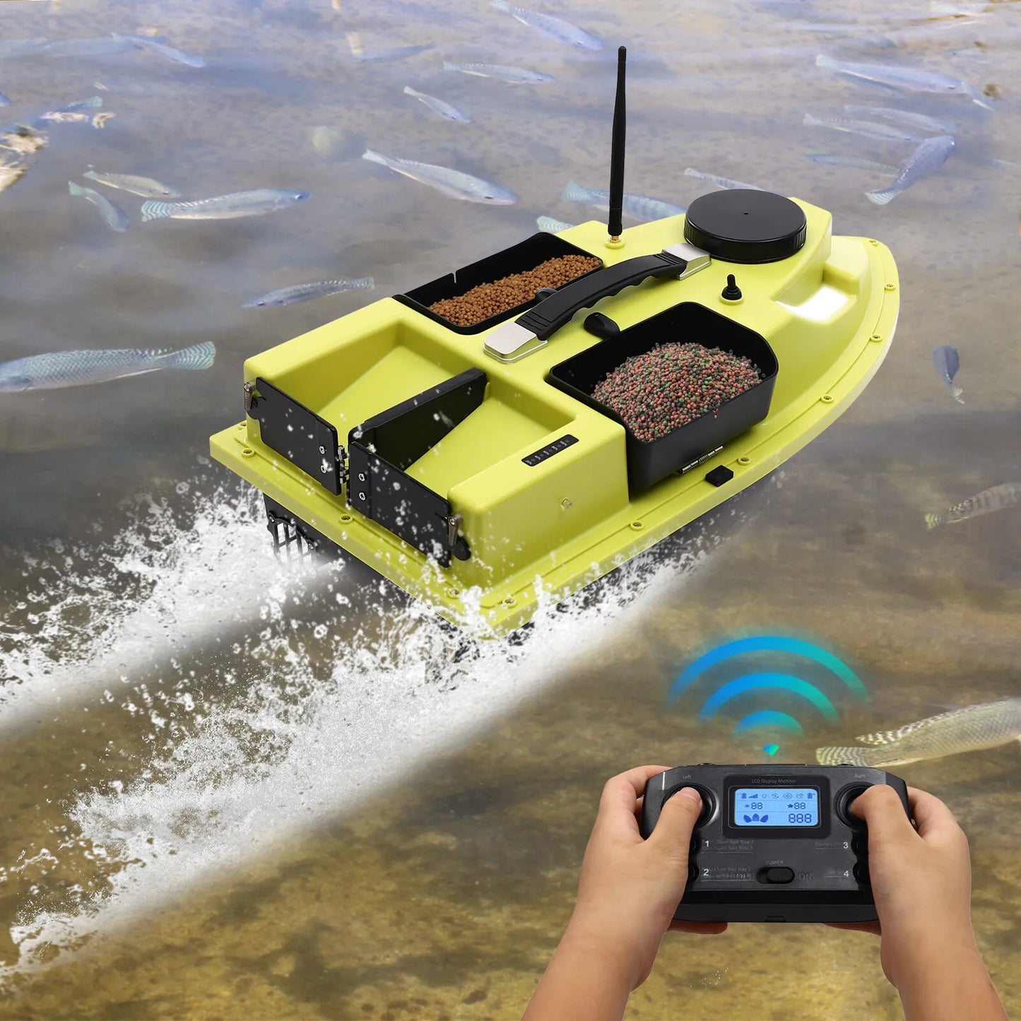 Green Fishing Bait Boat, High-Quality ABS Material, Frosting Treatment & IP65 Waterproof Sturdy For Long-Term Distant Baiting Use
