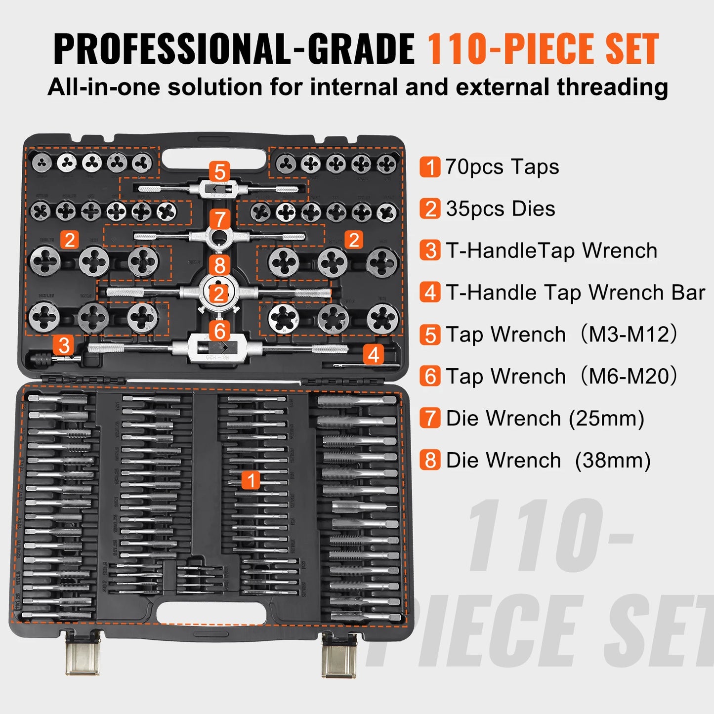 Tap and Die Set, 40PCs, 60PCs, 80PCs, 110/116PCs Metric SAE Standard Bearing Steel Taps and Dies Essential Threading Tool