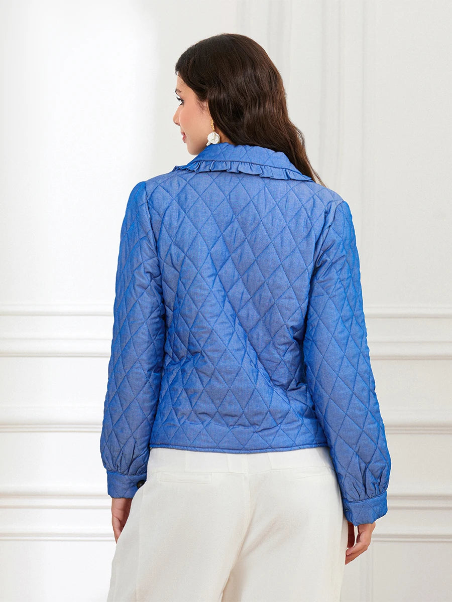 Women Lightweight Cotton Jacket, with pockets and Ruffled Doll Collar Lacing