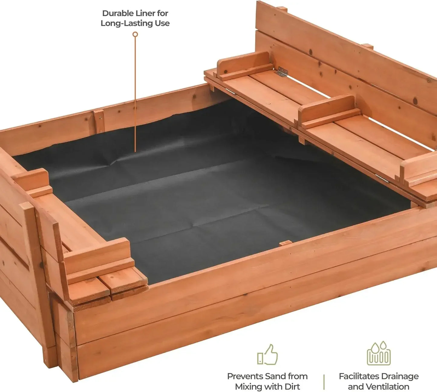 Large Wooden Kids Sandbox with Lid – Outdoor Sand Box for Kids with Cover, Foldable Bench Seats and Bottom Liner