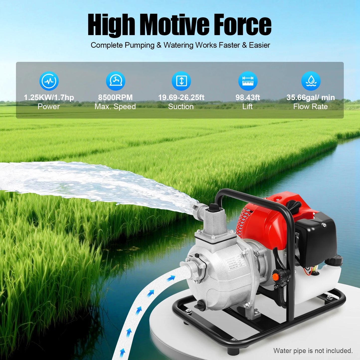 1250W Gasoline Engine Water Pump, 2-Stroke Engine Water Pump ,43CC Water Transfer