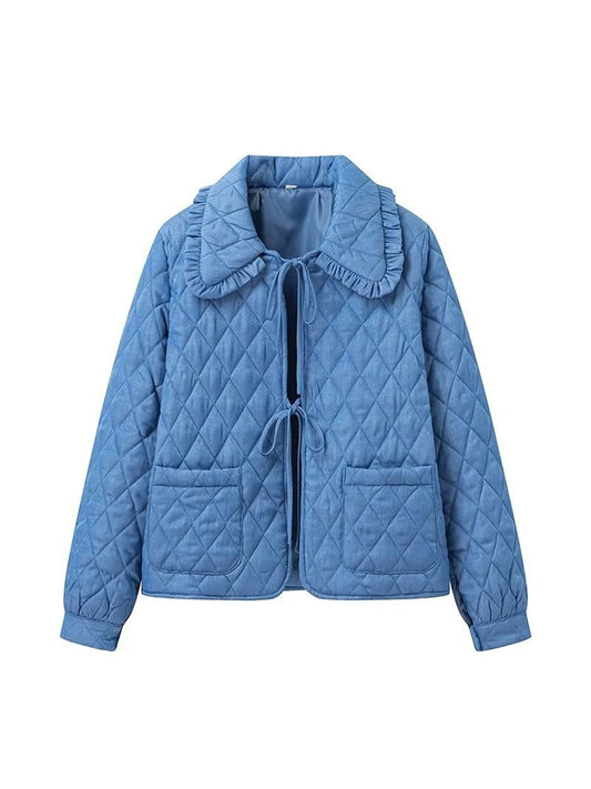 Women Lightweight Cotton Jacket, with pockets and Ruffled Doll Collar Lacing