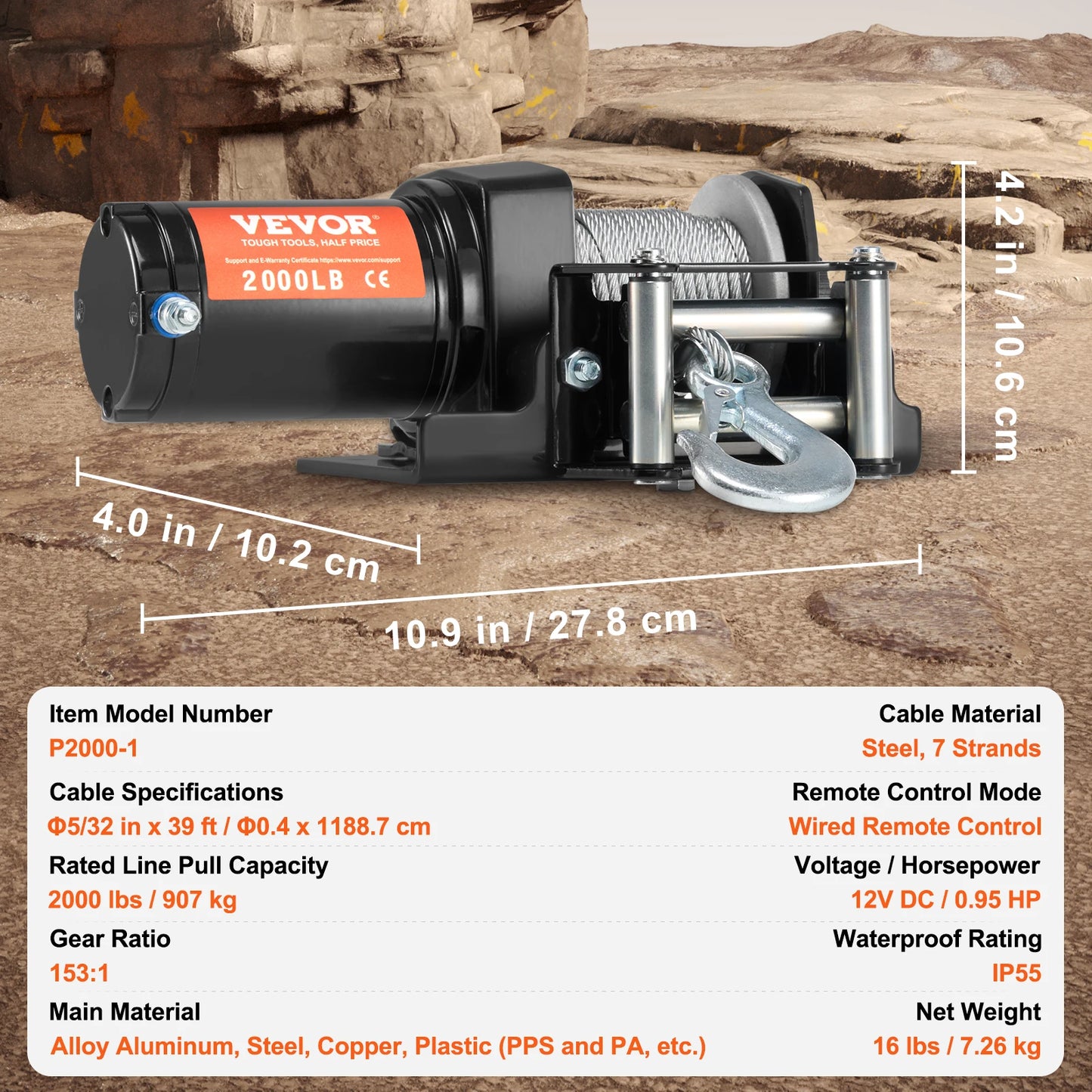2000lbs Electric Car Winch, ATV/UTV Steel Cable Winch with Wired Remote Control for Towing, Off-Road Vehicle